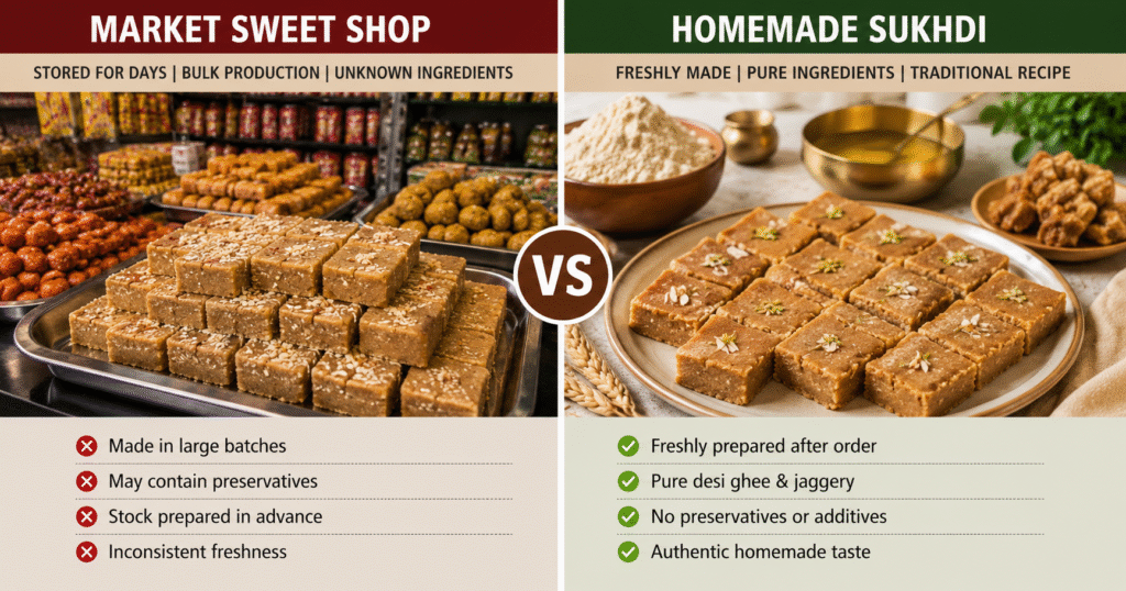 Comparison between homemade sukhdi and market sweets
