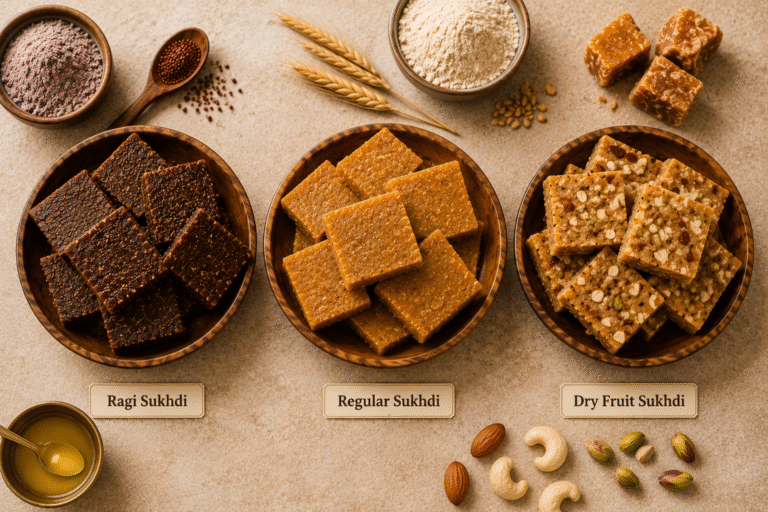 Three Types of Homemade Sukhdi Including Regular, Ragi and Dry Fruit