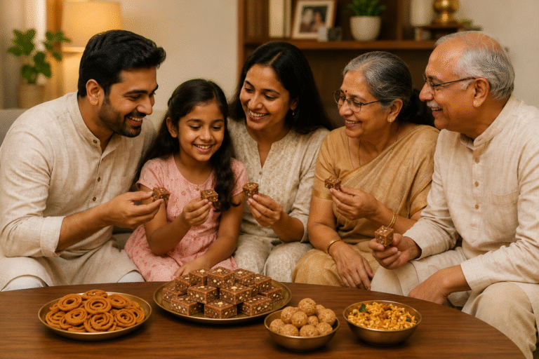 Indian family enjoying homemade Ragi Sukhdi with traditional Gujarati delicacies in a warm family gathering