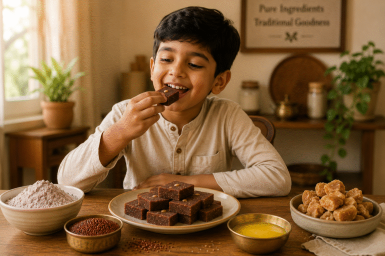 Young boy enjoying homemade Ragi Sukhdi made with ragi, jaggery, and pure desi ghee in a traditional home setting.